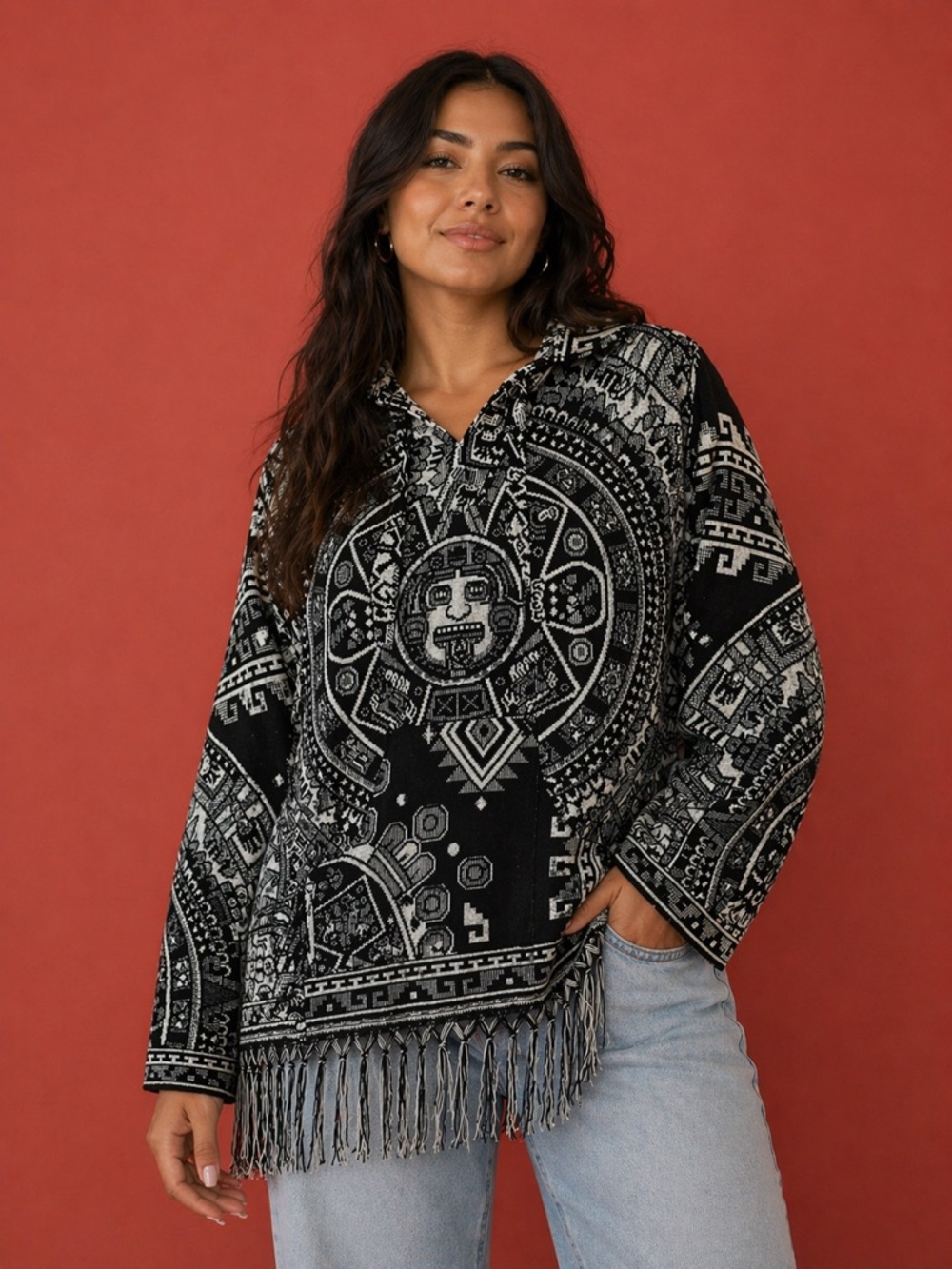 Handmade Black & White Fringe Poncho